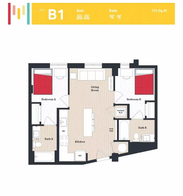 Room in 2 Bedroom 2 Bathroom | B1 main photo