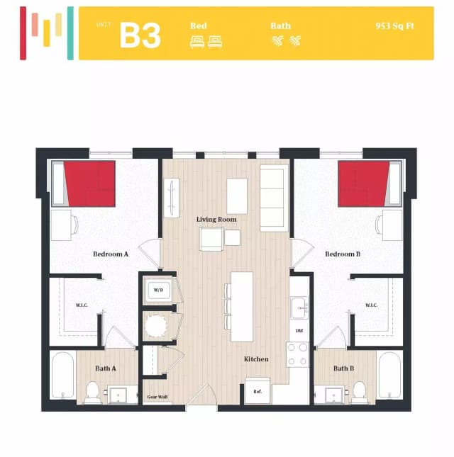 Room in 2 Bedroom 2 Bathroom | B3 main photo